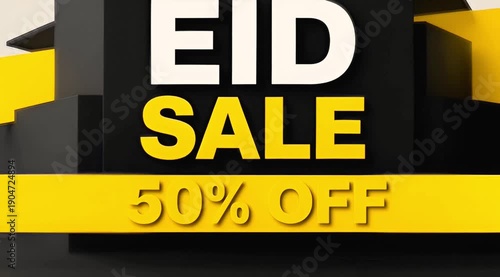 Eid Sale Promotion: A vibrant and modern promotional graphic, Eid Sale is prominently displayed, accompanied by 50% Off, set against a geometric background in black and yellow.