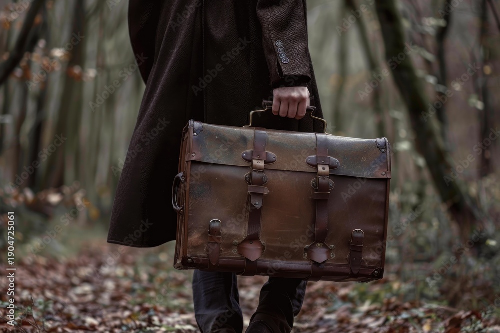 Naklejka premium Person walking on a forest path, holding an old brown leather suitcase