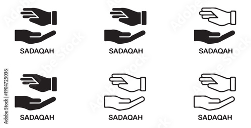 Charity hands icon collection representing sadaqah concept with various line and solid style designs