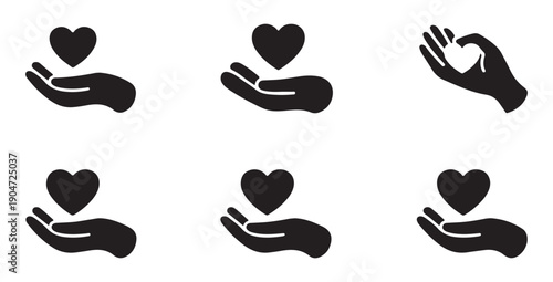 Set of six hand with heart icons, collection of giving and love symbols vector illustration