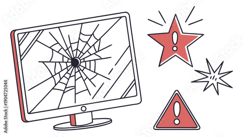 Broken computer monitor screen with error warning symbols and shattered glass display illustration.