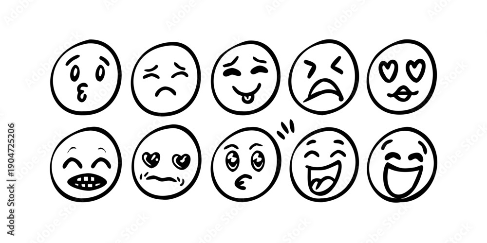 Obraz premium A collection of diverse emoticons depicting various facial expressions and emotions. Vector