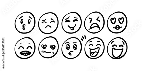 A collection of diverse emoticons depicting various facial expressions and emotions. Vector
