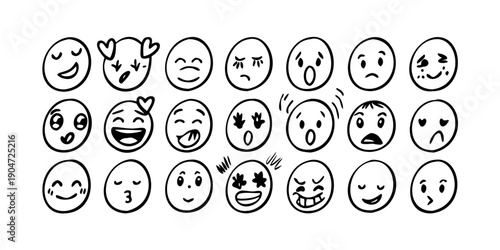 A collection of diverse emoticons expressing various emotions and facial expressions. Vector