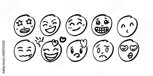 A diverse collection of expressive cartoon faces showcasing various emotions and reactions Vector