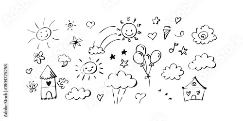 A whimsical illustration of various objects and symbols floating in the sky Vector