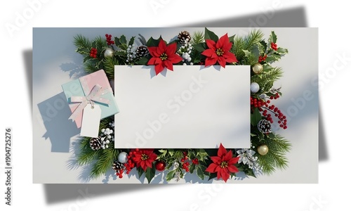 Christmas card template with red flowers and greenery