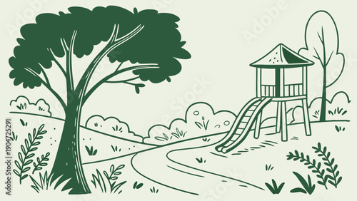 Simple green line drawing of a park landscape featuring a large tree and a playground slide