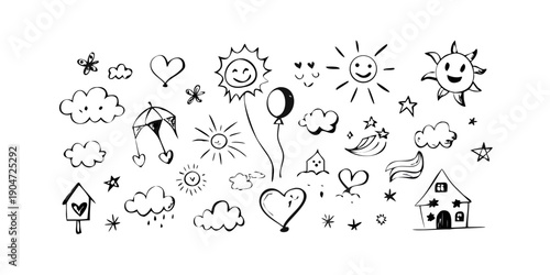 A whimsical assortment of doodles featuring hearts, stars, and various other playful icons. Vector
