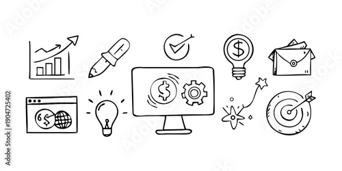 Illustrative icons representing various aspects of business and technology Vector