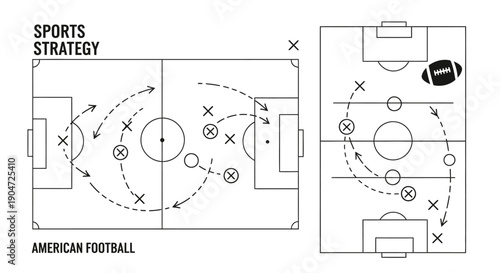Black and White American Football Strategy Diagrams with Field Markings, Player Positions, and Movement Paths on an Isolated White Background, Sports Game Plan