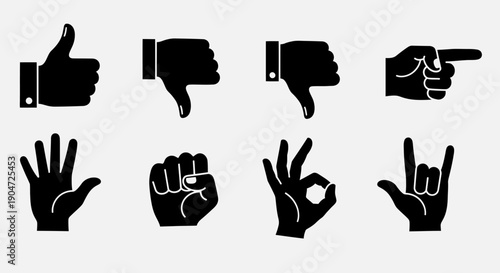 Set of Diverse Hand Gestures Including Thumbs Up, Thumbs Down, Pointing, Fist, and Rock 'n' Roll Sign, Solid Icons on an Isolated White Background