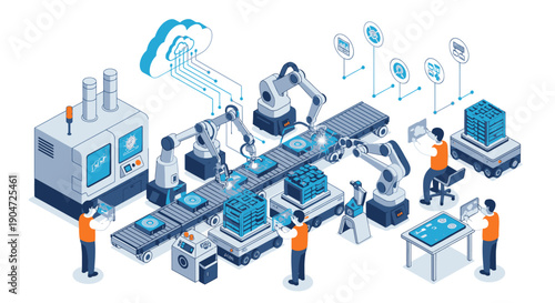 Isometric View of an Automated Manufacturing Process with Robotic Arms, Workers, and Cloud Computing Integration in a Modern Factory Setting, Industry 4.0