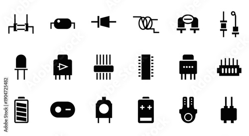 Set of Electronic Component and Circuit Symbols Solid Icons on an Isolated White Background, Electrical Hardware and Connectivity