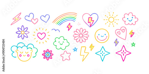 Assorted colorful stickers featuring various shapes and designs on a white background Vector
