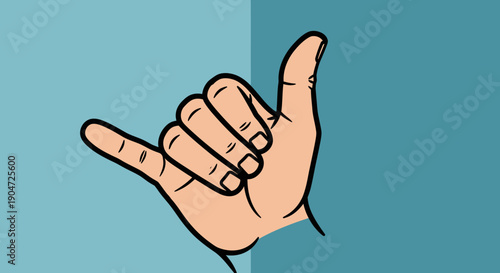 Human hand showing shaka hang loose gesture, friendly greeting in duotone blue background, relaxed mood.