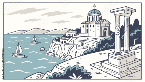 Line art illustration of a scenic greek coastal landscape with a church and ancient columns.
