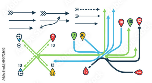 Complex data flow diagram with arrows and interconnected nodes, strategic analysis illustration on isolated white background.