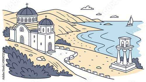 Minimalist line drawing of a mediterranean coastal scene featuring a church and beach