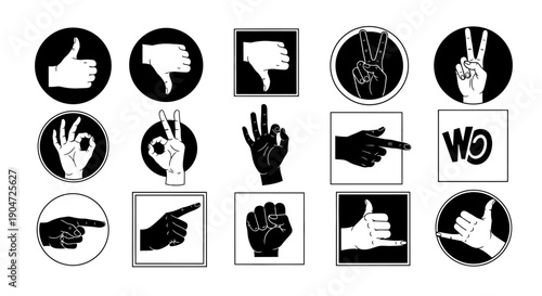 Collection of Various Hand Gestures and Communication Symbols in Circles and Squares on Isolated White Background