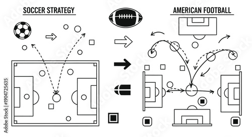 Black and White Illustrations of Soccer and American Football Game Strategy Plans on Isolated White Background