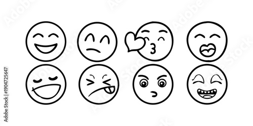 Eight distinct emojis depicting various facial expressions and reactions Vector