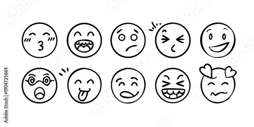 A collection of ten diverse emoticons showcasing various human emotions and expressions Vector