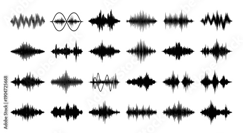 Set of Dynamic Sound Waves and Audio Signal Equalizer Forms on Isolated White Background
