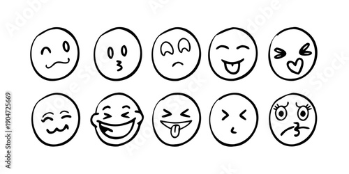 A collection of diverse emoticons showcasing various facial expressions and emotions Vector
