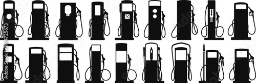 Fuel pump silhouettes collection featuring gas station equipment designs, refueling concept, black vector petrol pumps isolated on white background