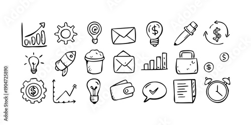 A collection of icons representing various aspects of business and productivity. Vector