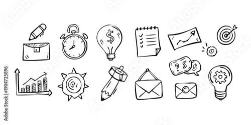 Illustration of various icons representing productivity and time management. Vector