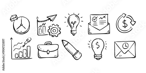 A collection of icons representing various aspects of business and productivity. Vector