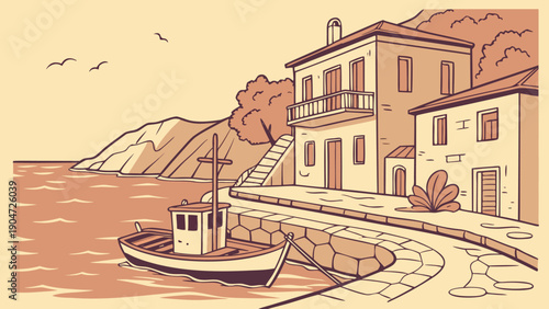 Pixel art illustration of a serene coastal village with a small fishing boat docked at the harbor.