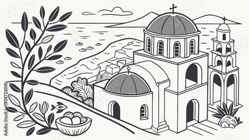 Minimalist line art illustration of a traditional greek church overlooking the aegean sea