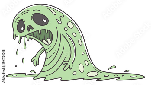 A green slime monster with a skull face and dripping gooey body on a white background
