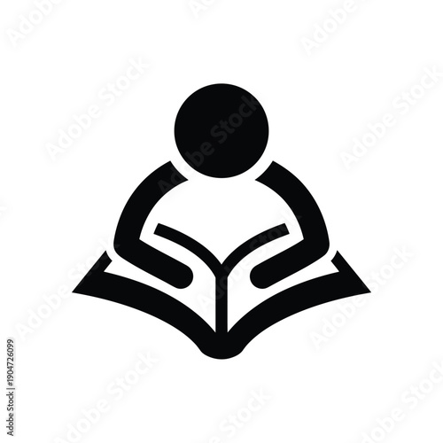 Simple black icon depicting a person reading an open book