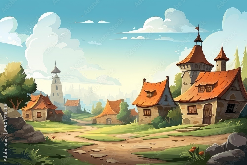 Naklejka premium Cartoon illustration of a peaceful medieval village bathed in sunlight, featuring quaint houses, a watchtower, and a clear blue sky