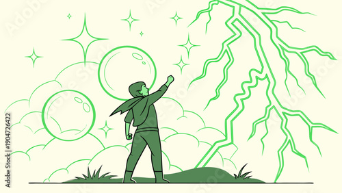 Green pixel art illustration of a figure reaching towards a sky with stars, moons, and lightning.