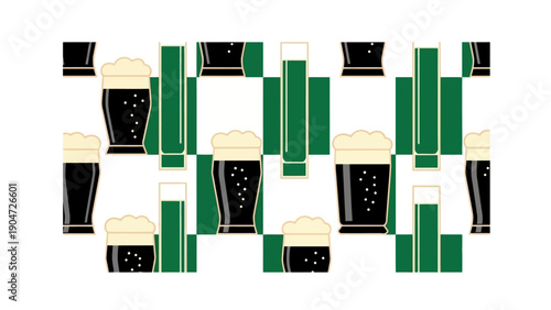 St. Patrick's Day Dark Beer Pattern. Seamless Vector Background with Stout Glasses and Green Geometric Shapes.