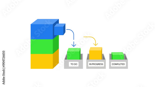 Agile Project Management Kanban Workflow Diagram. 3D Blocks Illustrating Tasks Moving Through To Do, In Progress, and Completed Status Stages.