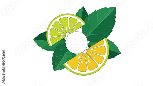 Refreshing Citrus Slices and Mint Leaves Frame. Vector Illustration Template with Lemon, Lime, and Orange Elements for Beverage Labels.