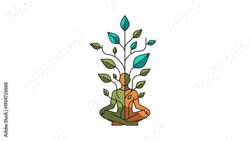 Inner Growth and Balance Icon. Human figure meditating with plant growth emerging from the body, symbolizing mental health and natural well-being.