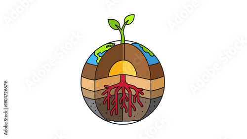 Earth Cross-Section Diagram: Layers, Core, Soil Strata, and Deep Plant Root Growth Illustration