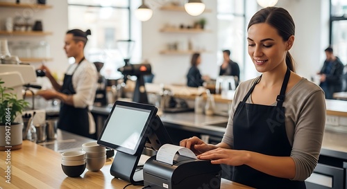 Smiling Barista Woman Working on Cash Register in Bright Modern CafÃ©