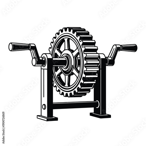 Vintage hand cranked machine with large gear illustration in black and white