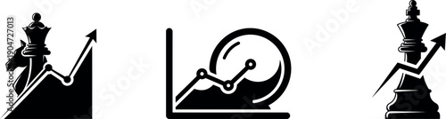 Strategy black icons featuring chess pieces and rising business growth graphs on transparent background