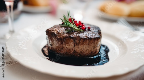 Wallpaper Mural Gourmet steak dish plated with rich sauce, garnished with fresh herbs and berries, served elegantly on a fine dining table setting Torontodigital.ca