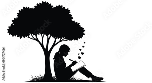A person reading under a tree a striking black silhouette