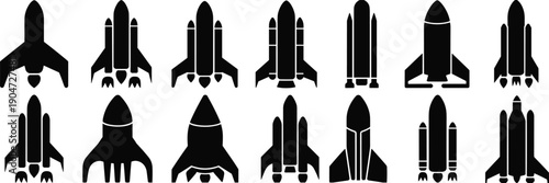 Space rocket silhouettes set featuring launch vehicles and spacecraft variations, futuristic aerospace technology, black vector rockets isolated on white background